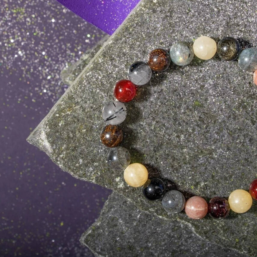 Aslan Burcu Bileklik Bordo Granat Lal, Bronzit, Golden Obsidyen, Güneş Taşı, Jasper, Kalsit, Kırmızı Akik, Labradorit, Rutilli Kuvars, Sitrin - 7