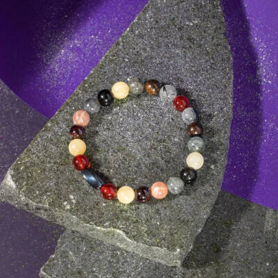 Aslan Burcu Bileklik Bordo Granat Lal, Bronzit, Golden Obsidyen, Güneş Taşı, Jasper, Kalsit, Kırmızı Akik, Labradorit, Rutilli Kuvars, Sitrin - 8