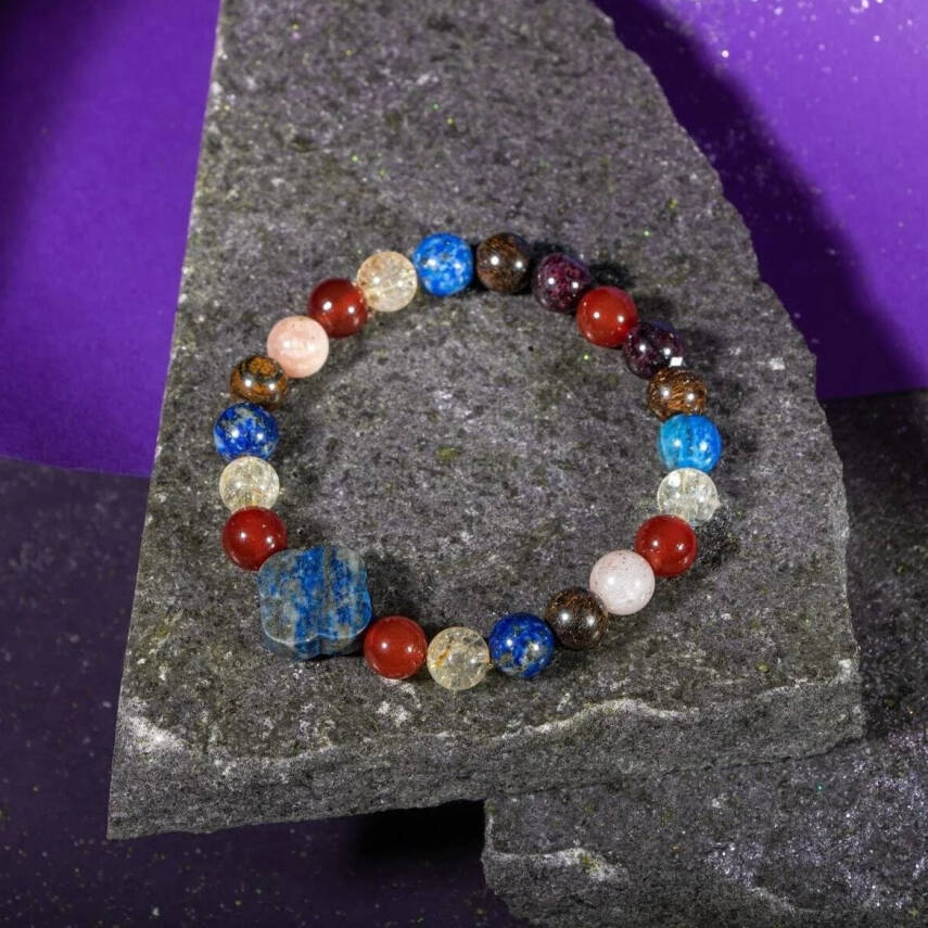 Aslan Burcu Bileklik Bordo Granat Lal, Bronzit, Güneş Taşı, Kırmızı Akik, Lapis Lazuli, Sitrin - 3