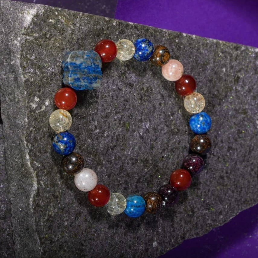 Aslan Burcu Bileklik Bordo Granat Lal, Bronzit, Güneş Taşı, Kırmızı Akik, Lapis Lazuli, Sitrin - 5