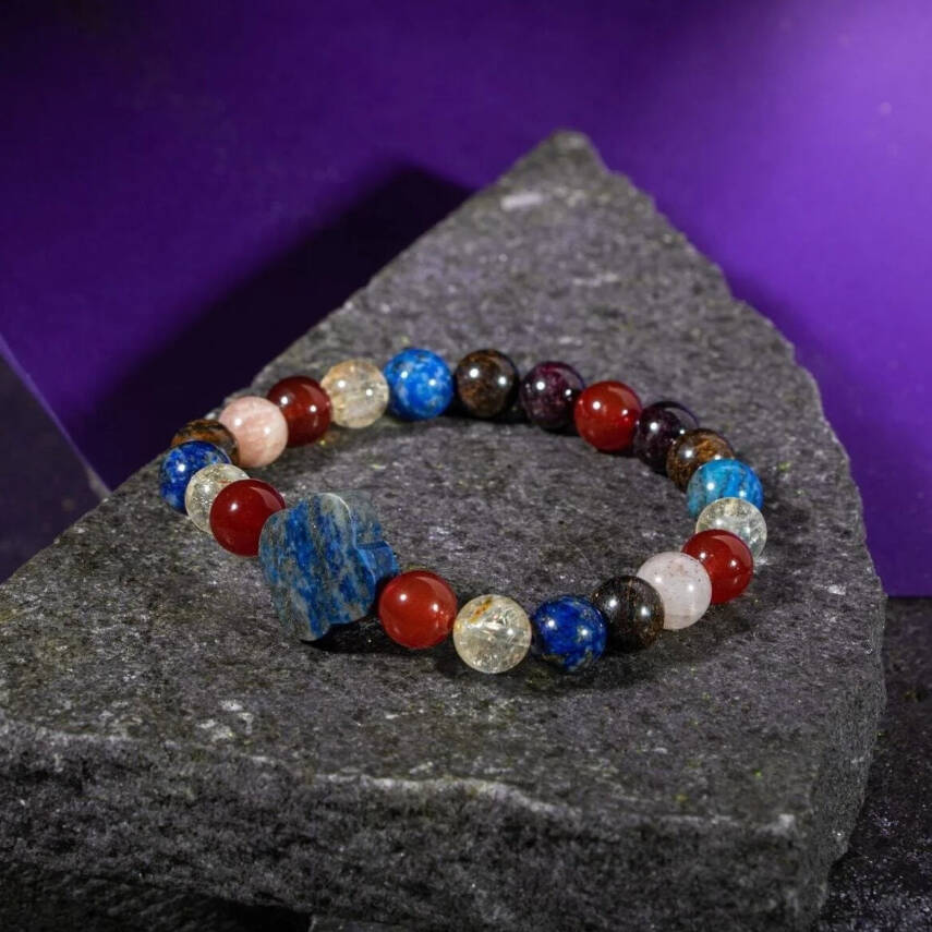 Aslan Burcu Bileklik Bordo Granat Lal, Bronzit, Güneş Taşı, Kırmızı Akik, Lapis Lazuli, Sitrin - 7