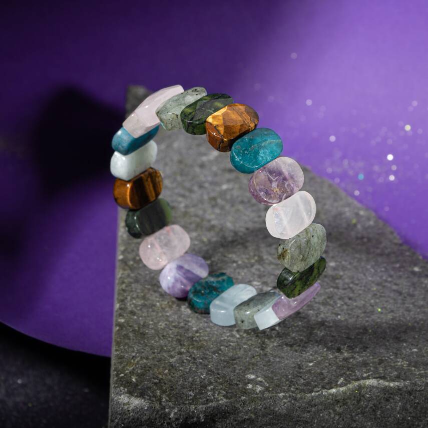 Aslan Burcu Bileklik Bronzit, Dumortierit, Güneş Taşı, Jasper, Kırmızı Akik, Labradorit, Rutilli Kuvars, Sitrin - 1