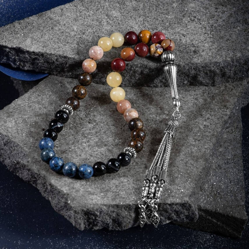 Aslan Burcu Tesbih Bronzit, Dumortierit, Güneş Taşı, Jasper, Kalsit, Siyah Göz Akik - 1