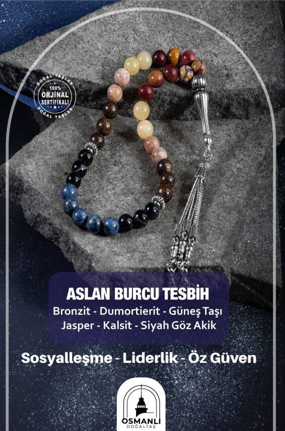 Aslan Burcu Tesbih Bronzit, Dumortierit, Güneş Taşı, Jasper, Kalsit, Siyah Göz Akik - 2