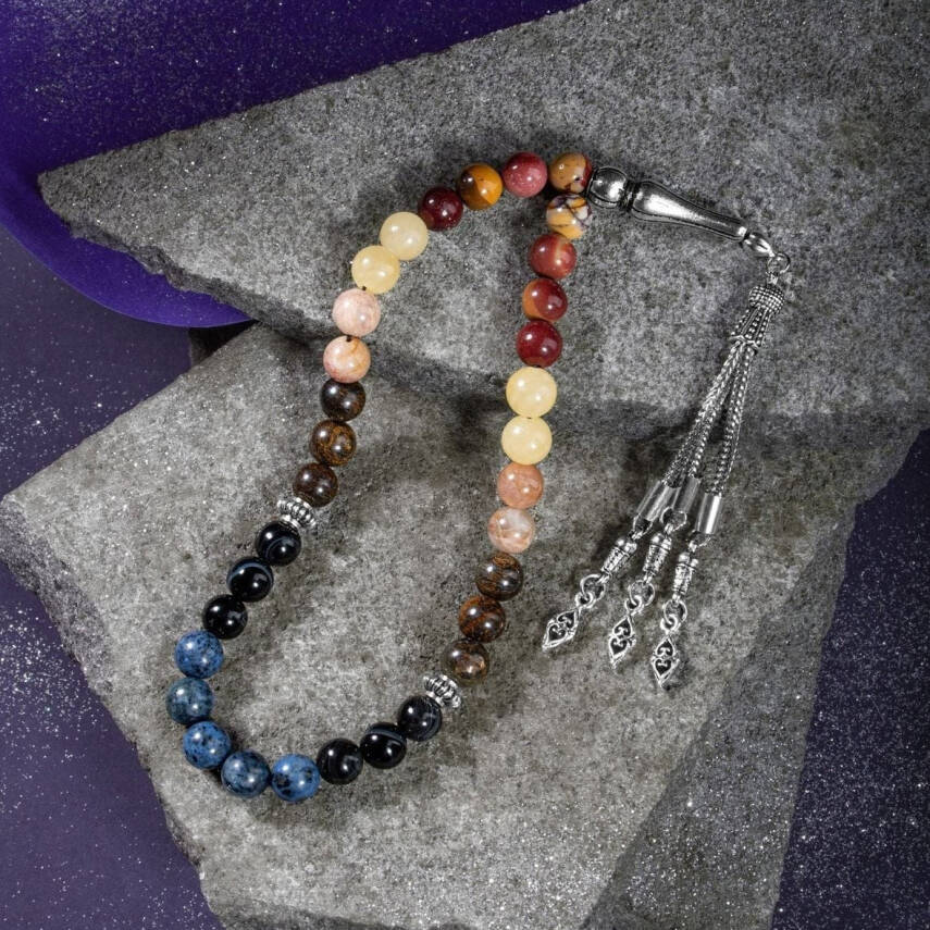 Aslan Burcu Tesbih Bronzit, Dumortierit, Güneş Taşı, Jasper, Kalsit, Siyah Göz Akik - 4
