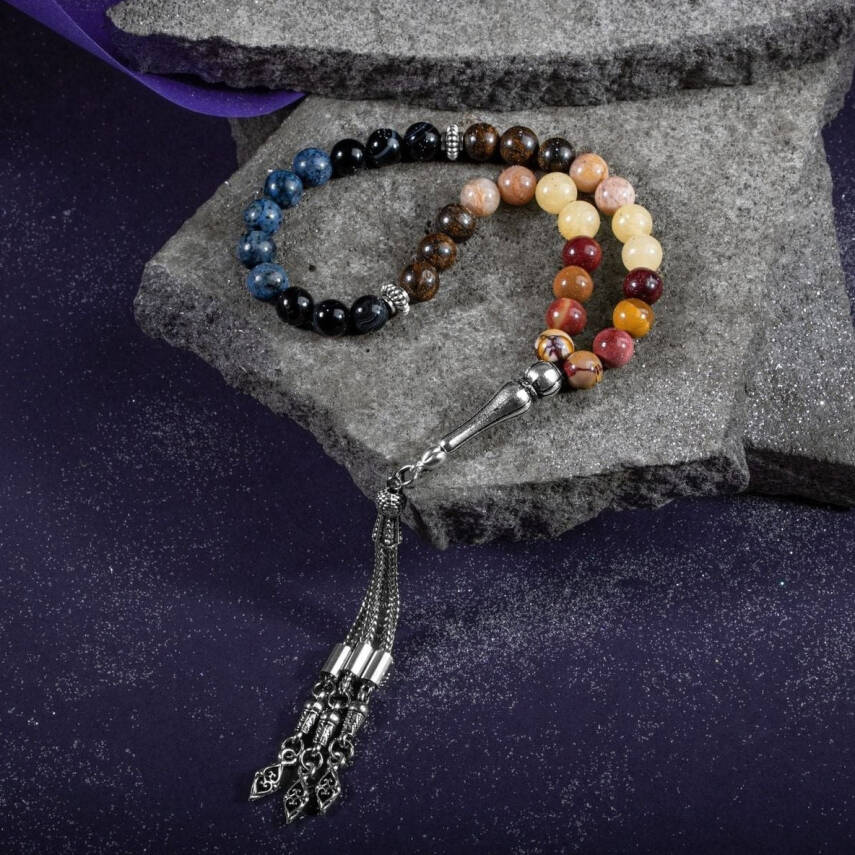 Aslan Burcu Tesbih Bronzit, Dumortierit, Güneş Taşı, Jasper, Kalsit, Siyah Göz Akik - 5