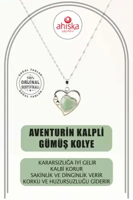 Aventurin Doğal Taş Kalpli Kolye, Gümüş Zincir - Doğal Taş (1)