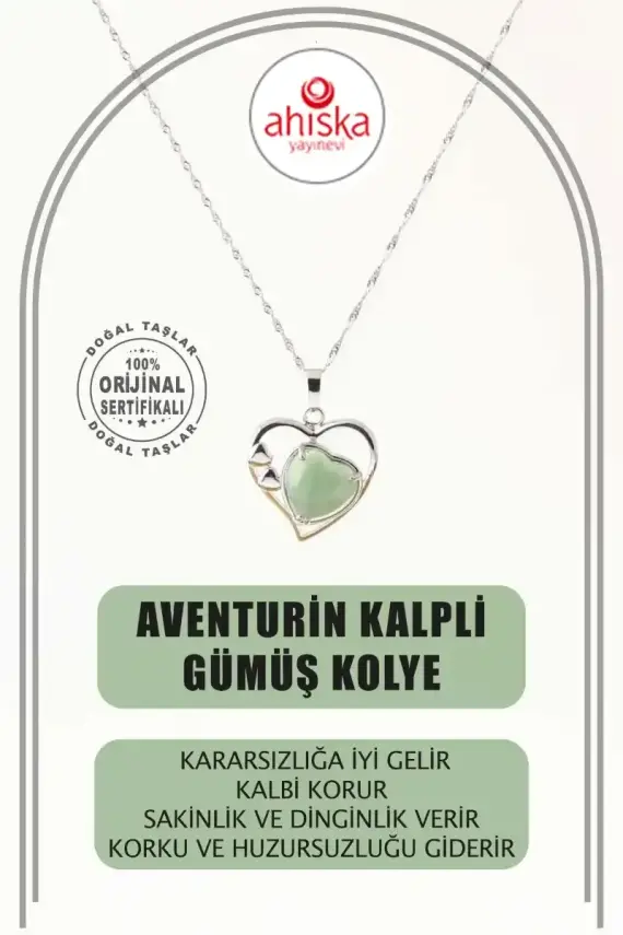 Aventurin Doğal Taş Kalpli Kolye, Gümüş Zincir - 2