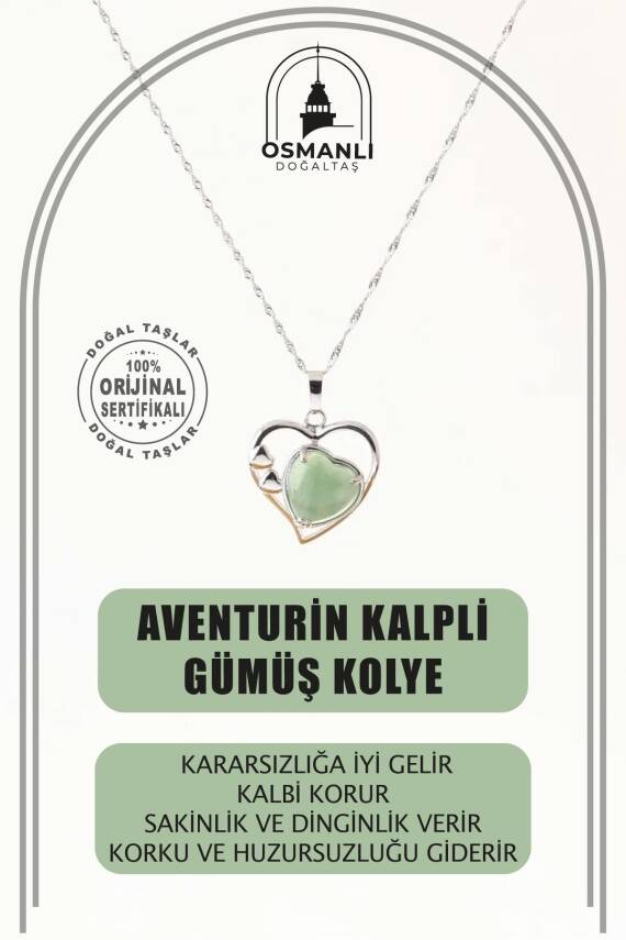 Aventurin Doğal Taş Kalpli Kolye, Gümüş Zincir - 1