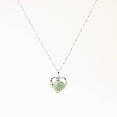 Aventurin Doğal Taş Kalpli Kolye, Gümüş Zincir - 2