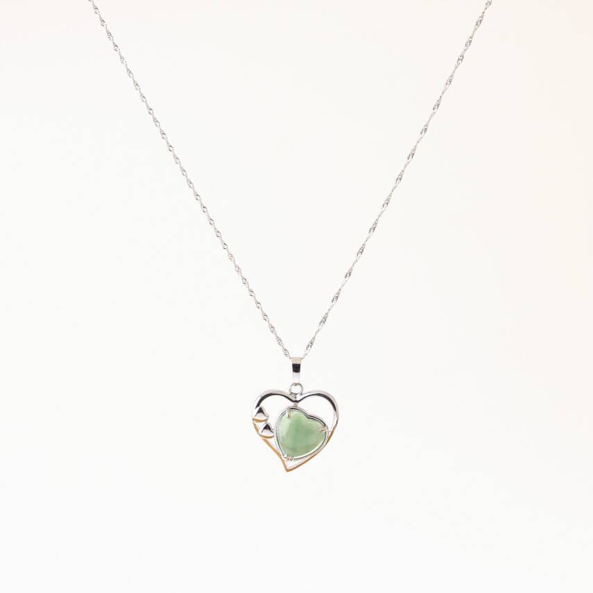 Aventurin Doğal Taş Kalpli Kolye, Gümüş Zincir - 2