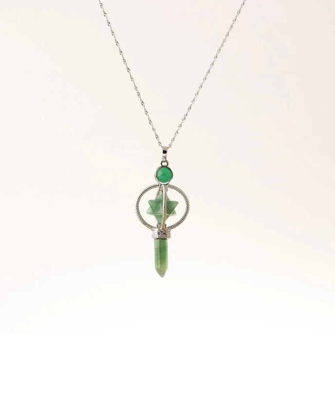 Aventurin Doğal Taş Markapon Yıldızlı Kolye, Gümüş Zincir - 1