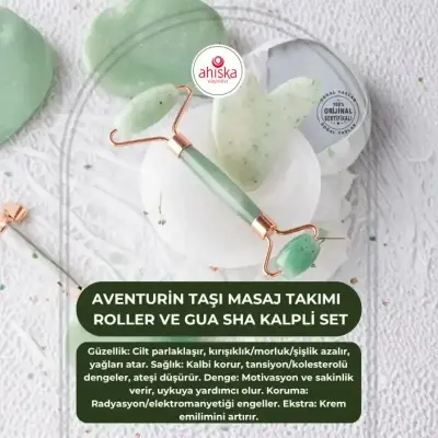 Aventurin Taşı Masaj Takımı - Roller ve Gua Sha Kalpli Set - Doğal Taş (1)
