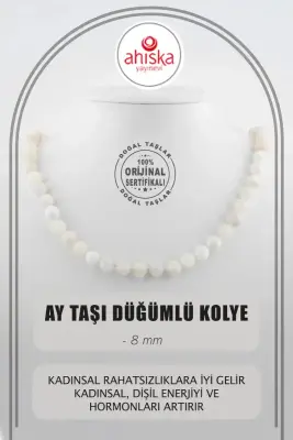 Ay Taşı 8 mm Düğümlü Doğal Taş Kolye - 1