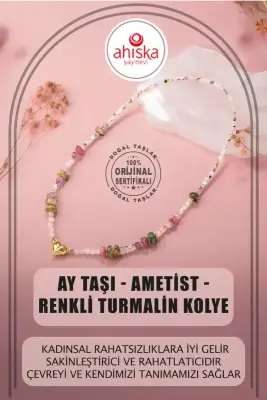 Ay Taşı-Ametist-Renkli Turmalin Doğal Taş Kalpli Kapama Kolye - 1