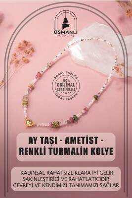 Ay Taşı-Ametist-Renkli Turmalin Doğal Taş Kalpli Kapama Kolye - Osmanlı Doğaltaş