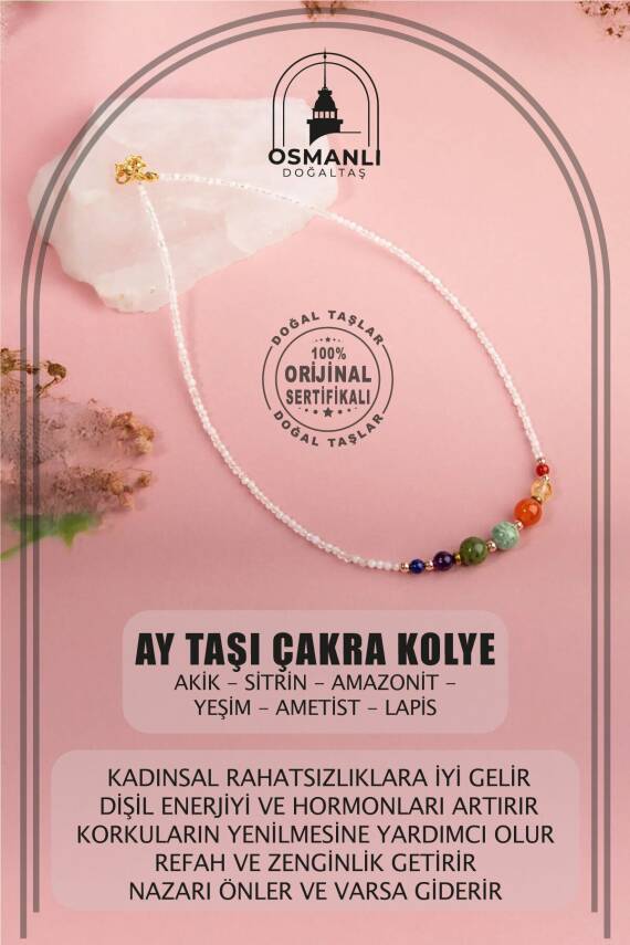 Ay Taşı Çakra Doğal Taş Kolye - Akik, Sitrin, Amazonit, Yeşim, Ametist, Lapis - 1