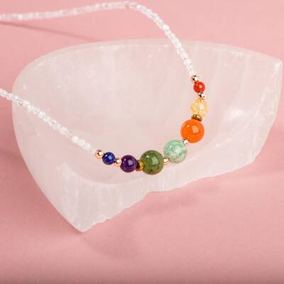 Ay Taşı Çakra Doğal Taş Kolye - Akik, Sitrin, Amazonit, Yeşim, Ametist, Lapis - 3