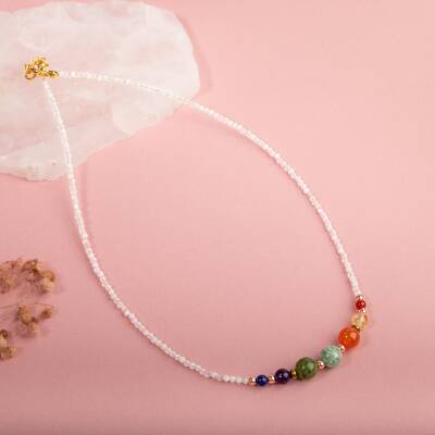 Ay Taşı Çakra Doğal Taş Kolye - Akik, Sitrin, Amazonit, Yeşim, Ametist, Lapis - 5