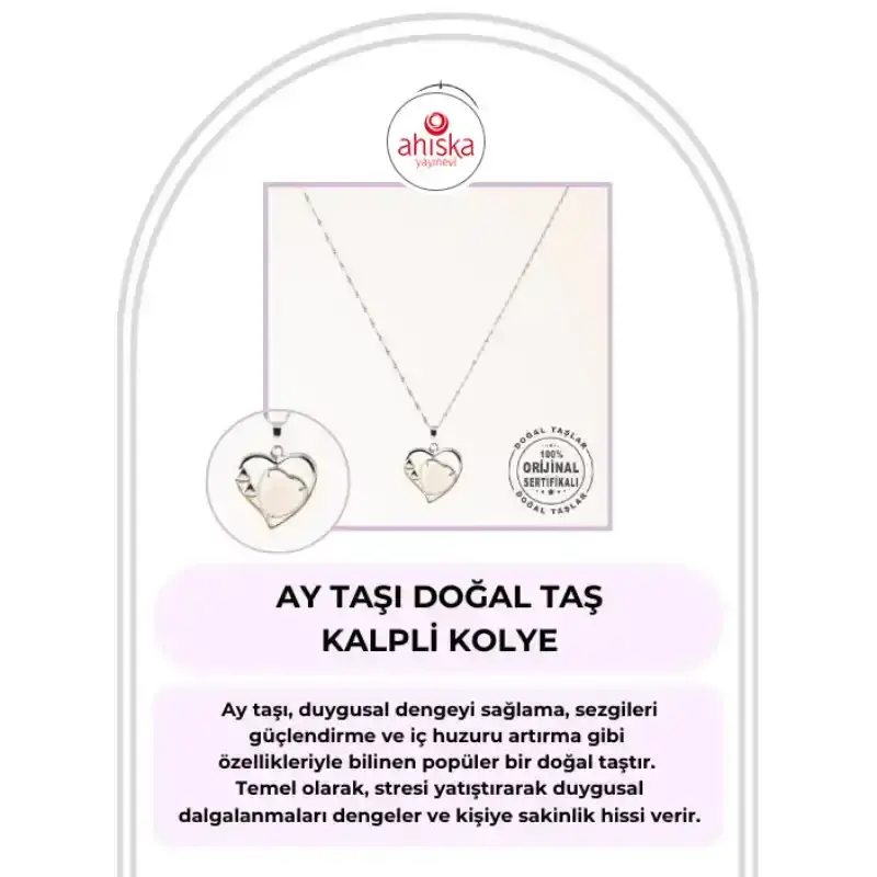 Ay Taşı Doğal Taş Kalpli Kolye, Gümüş Zincir - 2