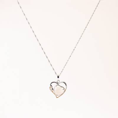 Ay Taşı Doğal Taş Kalpli Kolye, Gümüş Zincir - 2