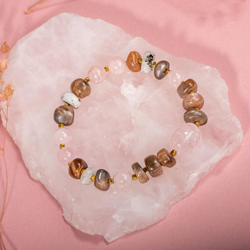 Ay Taşı-Pembe Kuvars-Güneş Taşı Doğal Taş Bileklik - 3