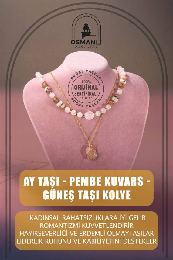 Ay Taşı-Pembe Kuvars-Güneş Taşı Doğal Taş Kolye - 1