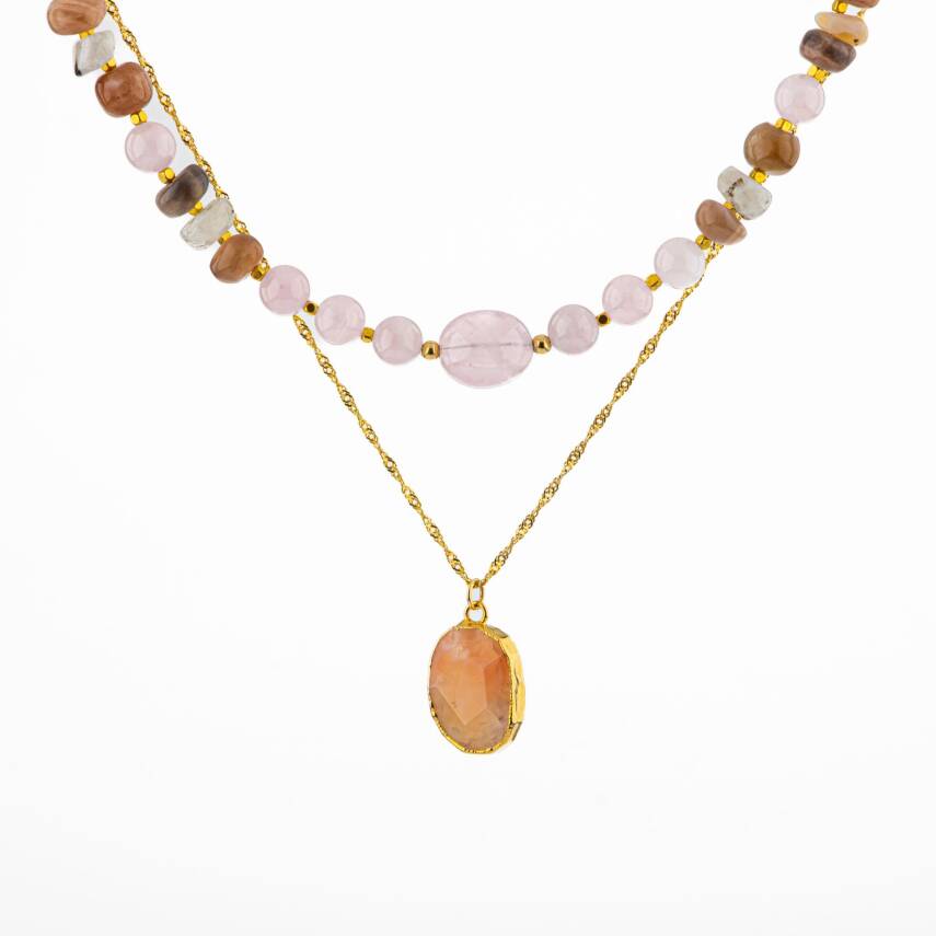 Ay Taşı-Pembe Kuvars-Güneş Taşı Doğal Taş Kolye - 2