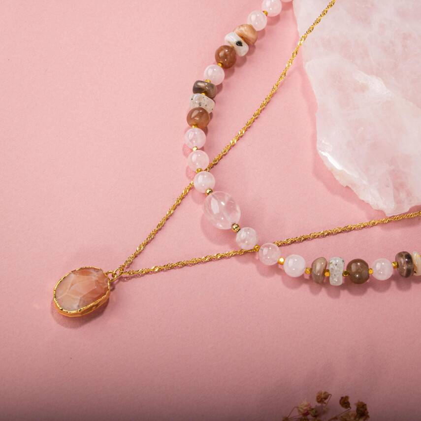 Ay Taşı-Pembe Kuvars-Güneş Taşı Doğal Taş Kolye - 3