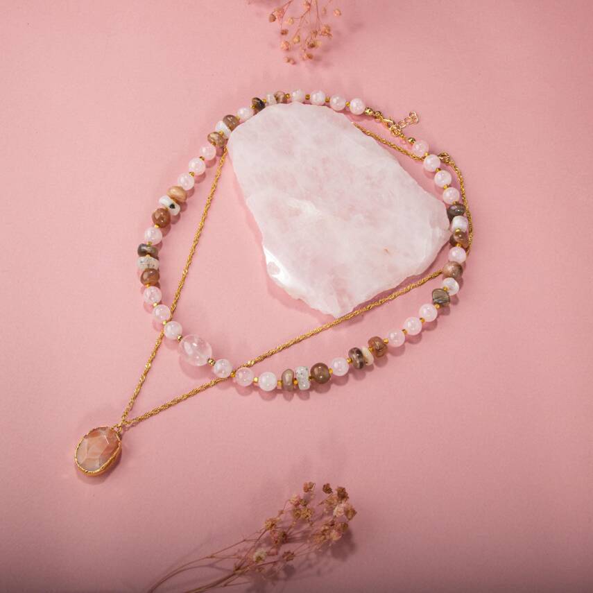 Ay Taşı-Pembe Kuvars-Güneş Taşı Doğal Taş Kolye - 4