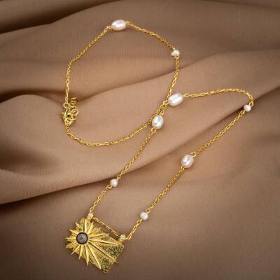 Ay Taşı Taşlı İnci Doğal Taş Gümüş Tasarım Kolye - 54cm - Osmanlı Doğaltaş