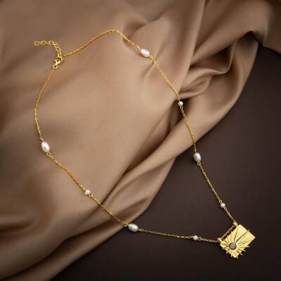 Ay Taşı Taşlı İnci Doğal Taş Gümüş Tasarım Kolye - 54cm - 3