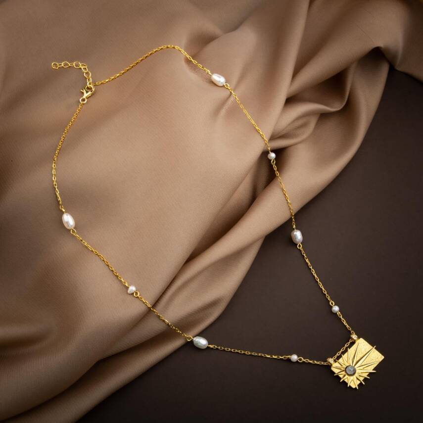 Ay Taşı Taşlı İnci Doğal Taş Gümüş Tasarım Kolye - 54cm - 3