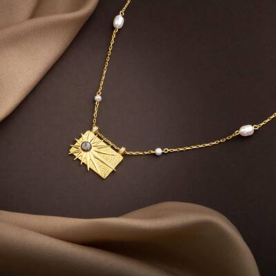 Ay Taşı Taşlı İnci Doğal Taş Gümüş Tasarım Kolye - 54cm - 4