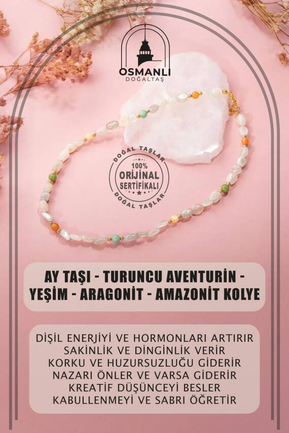 Ay Taşı-Turuncu Aventurin-Yeşim-Aragonit-Amazonit Doğal Taş Kolye - 1