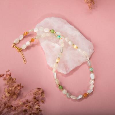 Ay Taşı-Turuncu Aventurin-Yeşim-Aragonit-Amazonit Doğal Taş Kolye - 2