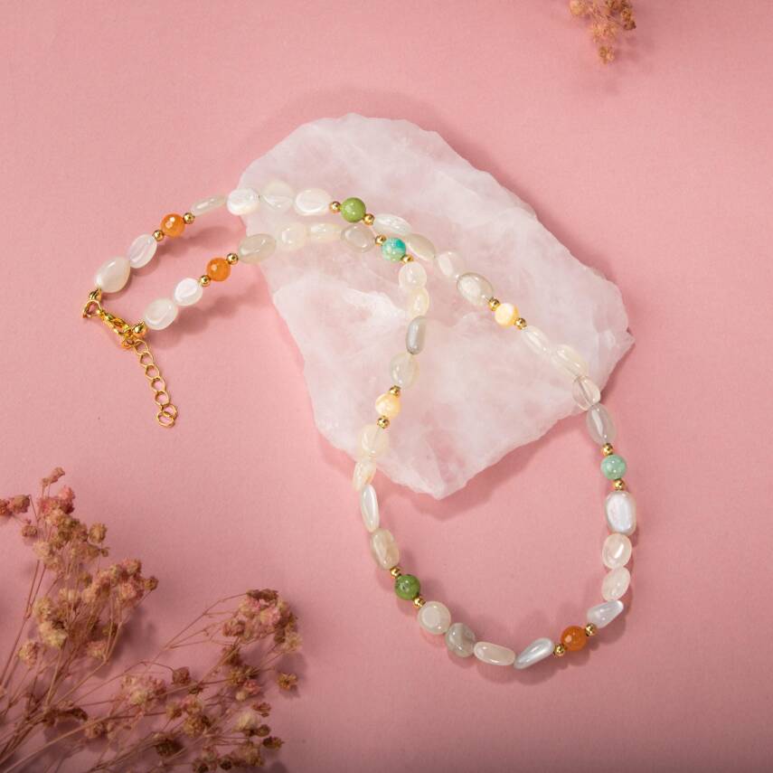 Ay Taşı-Turuncu Aventurin-Yeşim-Aragonit-Amazonit Doğal Taş Kolye - 2