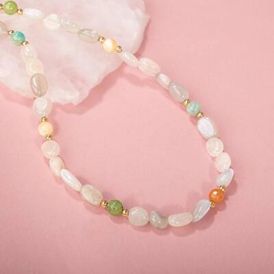 Ay Taşı-Turuncu Aventurin-Yeşim-Aragonit-Amazonit Doğal Taş Kolye - 3