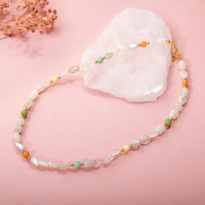 Ay Taşı-Turuncu Aventurin-Yeşim-Aragonit-Amazonit Doğal Taş Kolye - 4