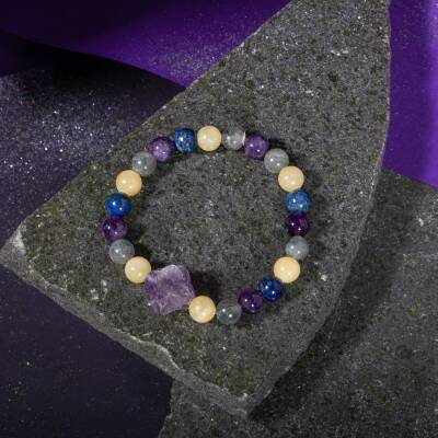 Balık Burcu Bileklik Akuamarin, Ametist, Kalsit, Kristal Kuvars, Yeşil Florit - Osmanlı Doğaltaş