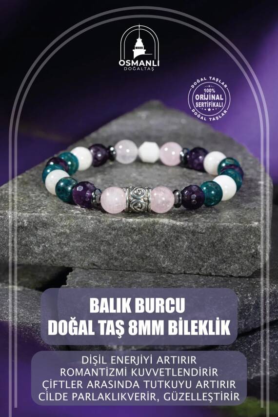 Balık Burcu Bileklik Ametist, Ay Taşı, Mavi Apatit, Pembe Kuvars, Selenit - 2