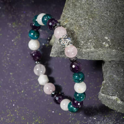 Balık Burcu Bileklik Ametist, Ay Taşı, Mavi Apatit, Pembe Kuvars, Selenit - 3