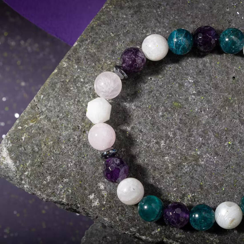 Balık Burcu Bileklik Ametist, Ay Taşı, Mavi Apatit, Pembe Kuvars, Selenit - 5