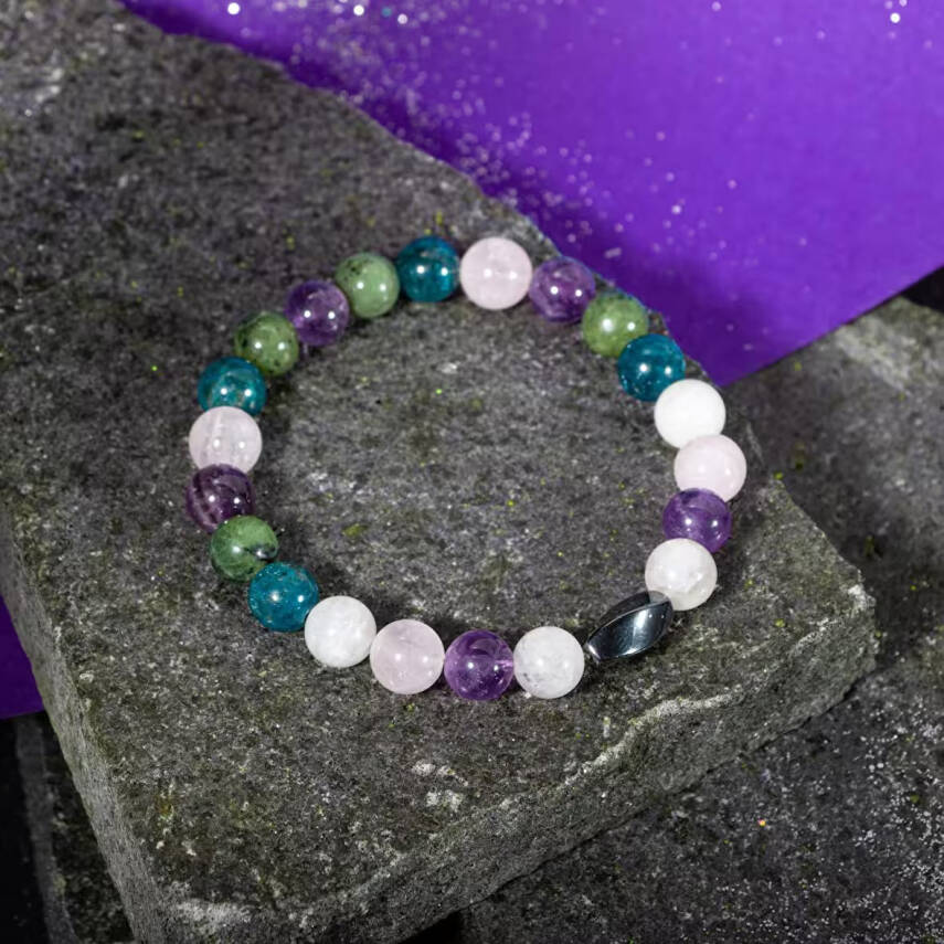 Balık Burcu Bileklik Ametist, Ay Taşı, Mavi Apatit, Pembe Kuvars, Yeşim - 5