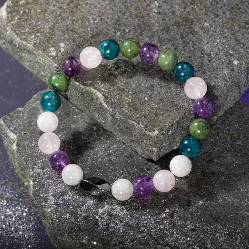 Balık Burcu Bileklik Ametist, Ay Taşı, Mavi Apatit, Pembe Kuvars, Yeşim - 6