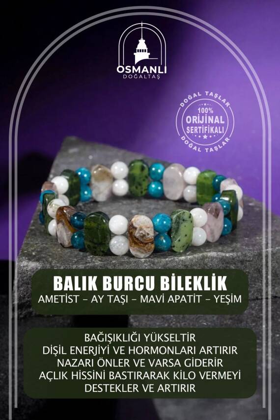 Balık Burcu Bileklik Ametist, Ay Taşı, Mavi Apatit, Yeşim - 2
