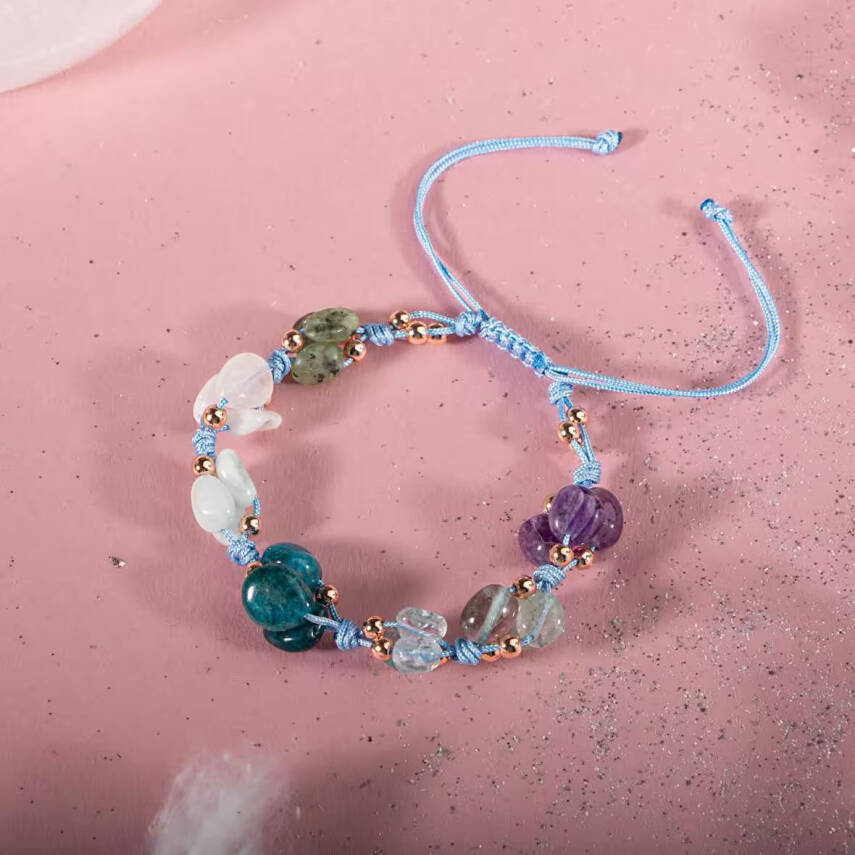 Balık Burcu DoğalL Taş Bileklik - Akuamarin, Ametist, Ay Taşı, Kiyanit, Mavi Apatit, Mor Florit, Yeşil Larimar - 6