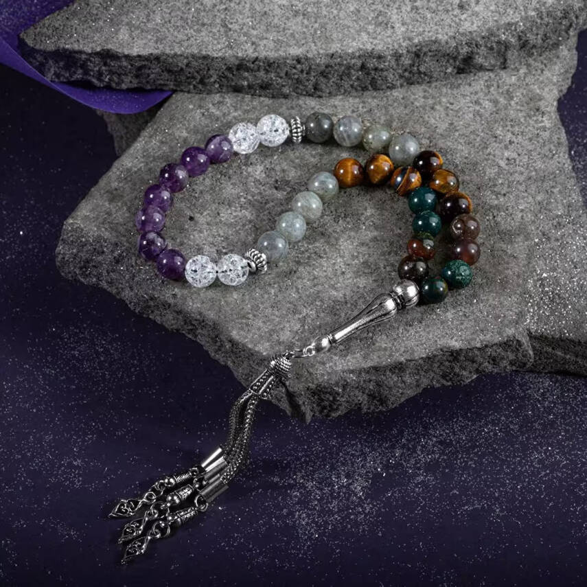 Balık Burcu Tesbih Ametist, Kan Taşı, Kaplan Gözü, Labradorit, Necef - 1
