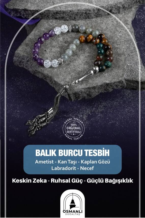 Balık Burcu Tesbih Ametist, Kan Taşı, Kaplan Gözü, Labradorit, Necef - 2