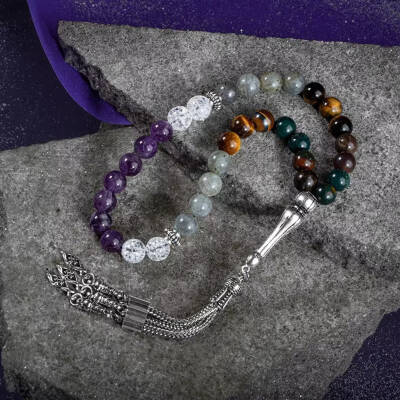 Balık Burcu Tesbih Ametist, Kan Taşı, Kaplan Gözü, Labradorit, Necef - 3